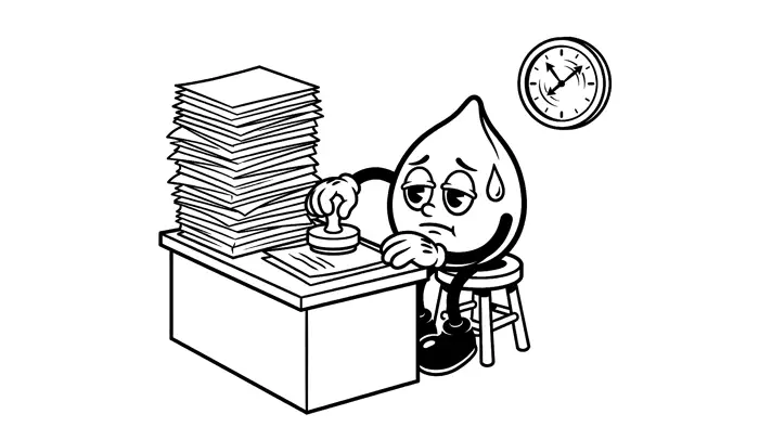 Cartoon: the weary kernel accountant stamping a huge stack of papers by hand while the wall clock races