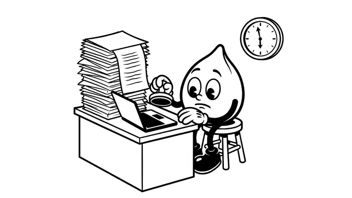 Cartoon: the kernel pops into fluffy popcorn above the automation machine as papers become checkmarks