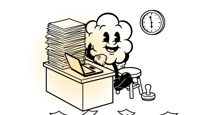 Cartoon: the popped popcorn mate reclining with feet up on the desk, the clock at rest